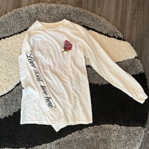 White long sleeve graphic tee , front, back, & sleeve